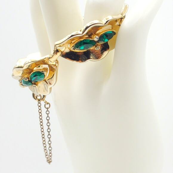 Coro Green Rhinestone Bracelet Gold Vermeil Vintage 40s Oval Link 7" L Corocraft - Picture 6 of 12